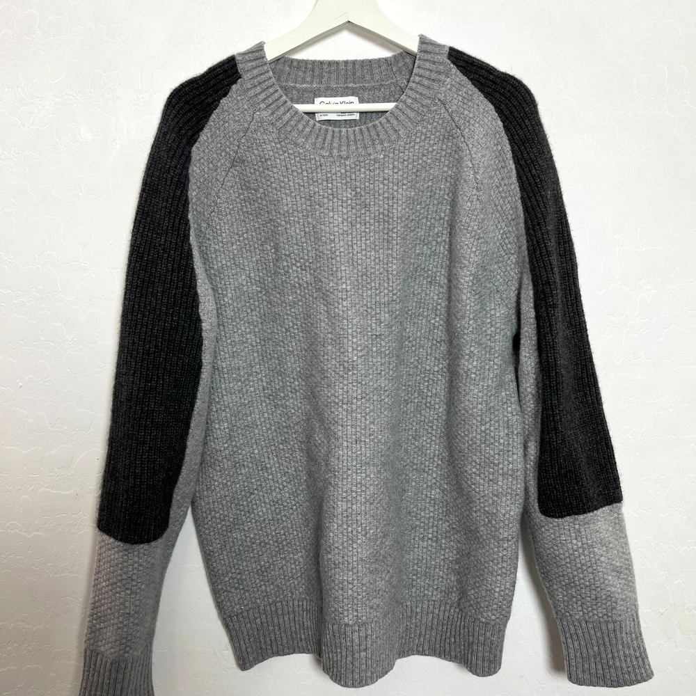 Calvin Klein heavy knit wool cashmere sweater size L gray black winter snow ski